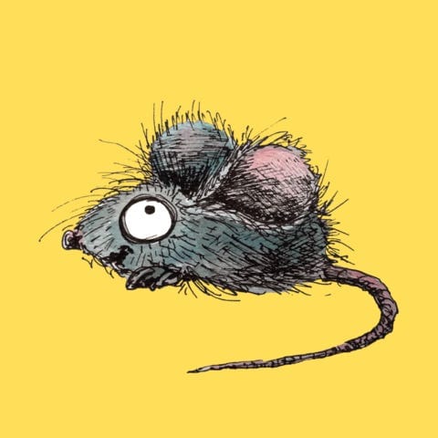 Watercolour and ink illustration of a mouse, looking kind of cheeky with a little grin, on a yellow background.