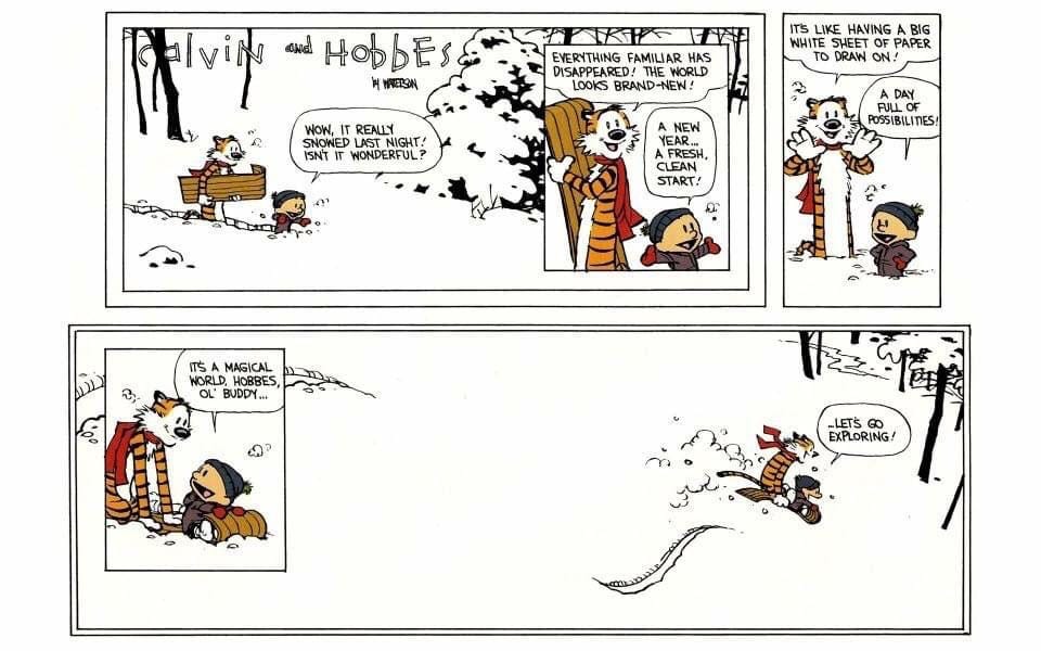 The comic depicts snow everywhere and Calvin and Hobbes excitedly exploring a new unfamiliar world.