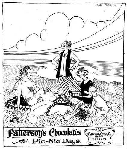Four drawn women and a child eating fruit at the beach, pen drawing in vintage style. Vintage Ad #1,133: On the Beach, Summer 1925