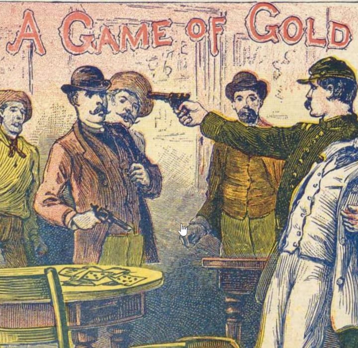 Dime-novel cover: in a saloon, a uniformed man aims a revolver at a mustached gambler, onlookers watch, and a card-covered table sits in front.